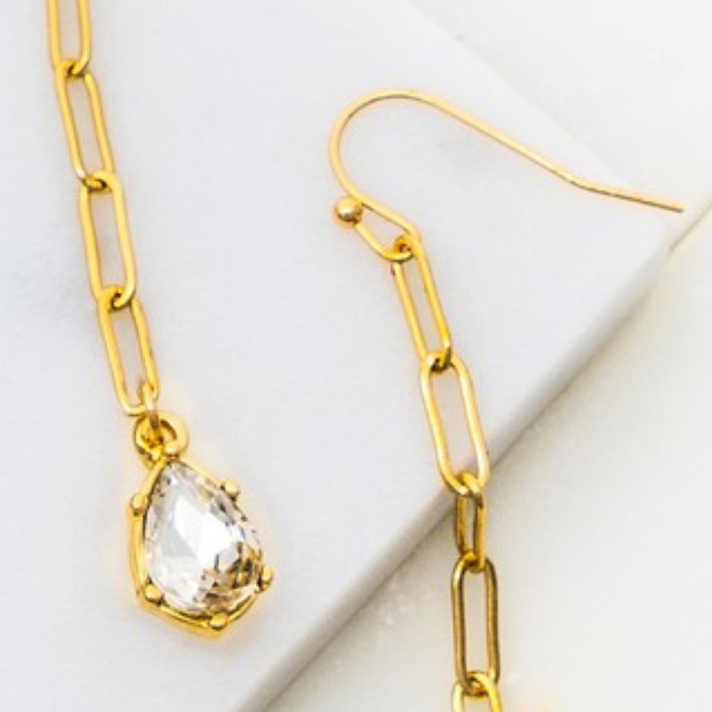 Gold Chain Teardrop Stone Linear Dangle Earrings - Picture 6 of 6